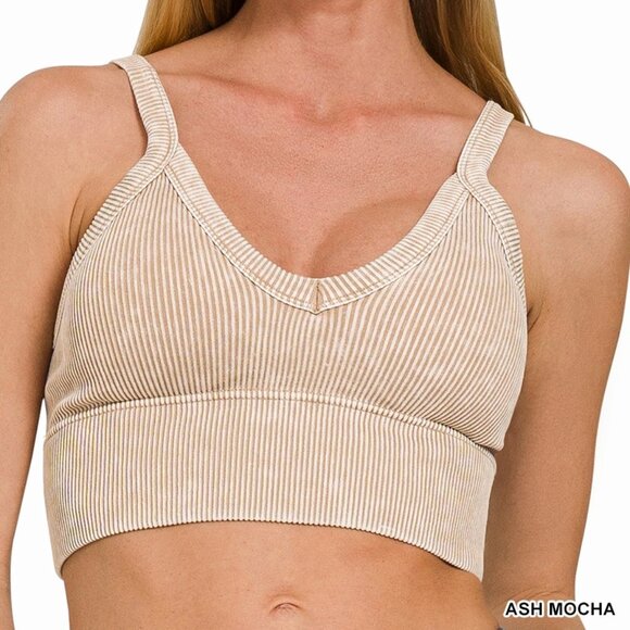 ✨NWT Zenana Washed V Neck Seamless Cropped Bra Top‎ - Picture 1 of 3